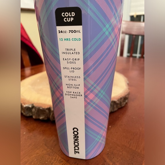 Corkcicle 24oz Cold Cup Insulated Tumbler Springtime Plaid Purple Pink Teal New - Picture 2 of 11